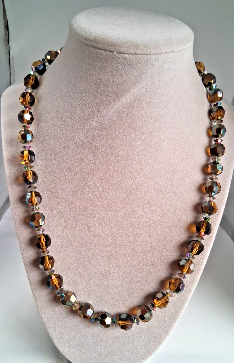 Vintage Amber/Brown AB Crystal Glass Faceted Bead Necklace Single Strand 20″