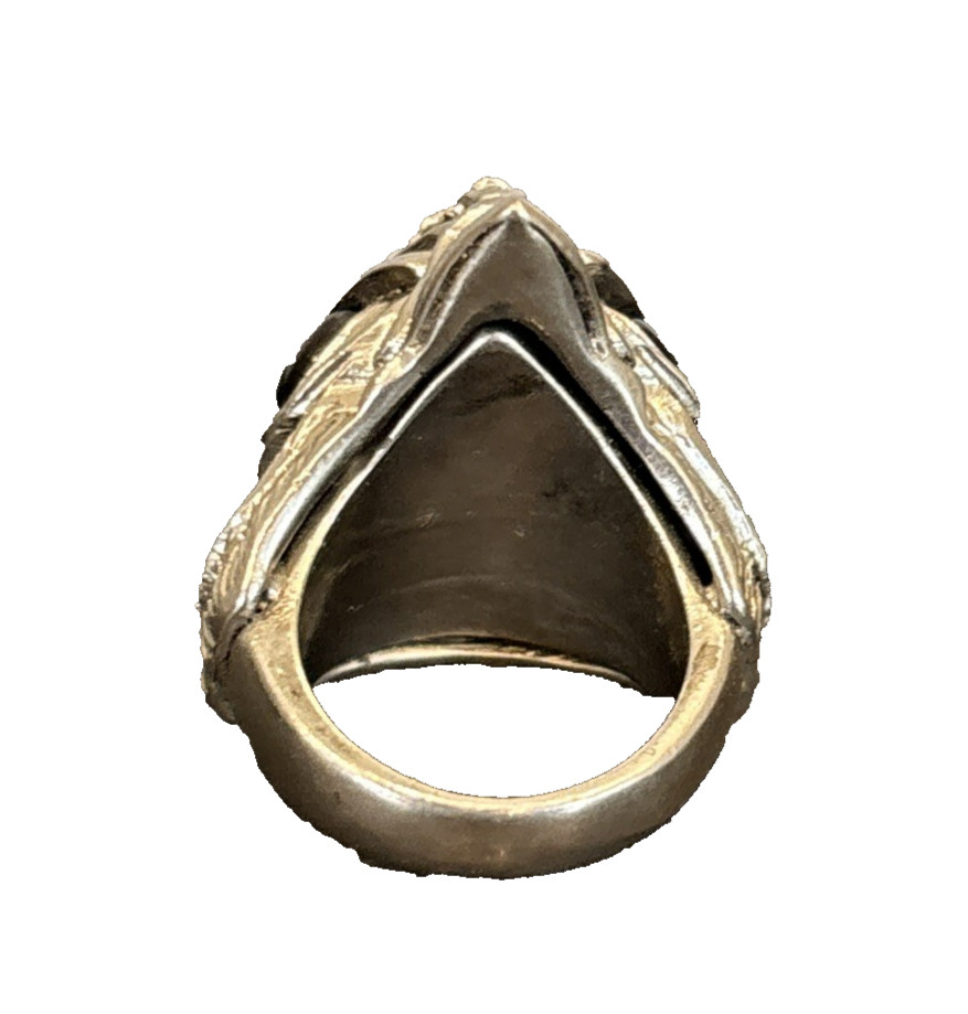 Silver Tone Statement Bird Head Ring Clear Rhinestones Faux Onyx Eyes Size 6.5