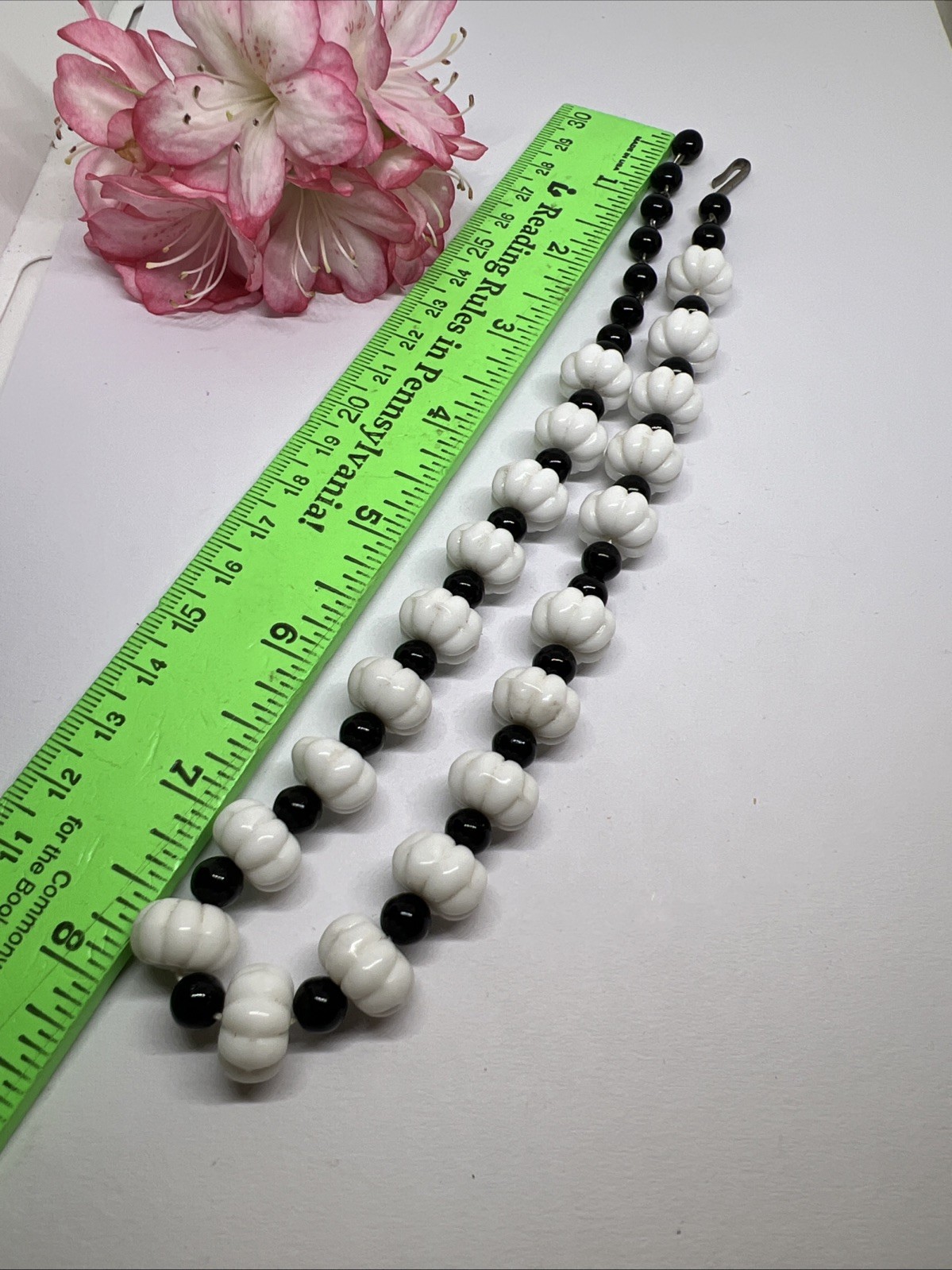 Signed GERMANY Mid-Century Milk Glass & Jet Black Bead Choker 16” Necklace