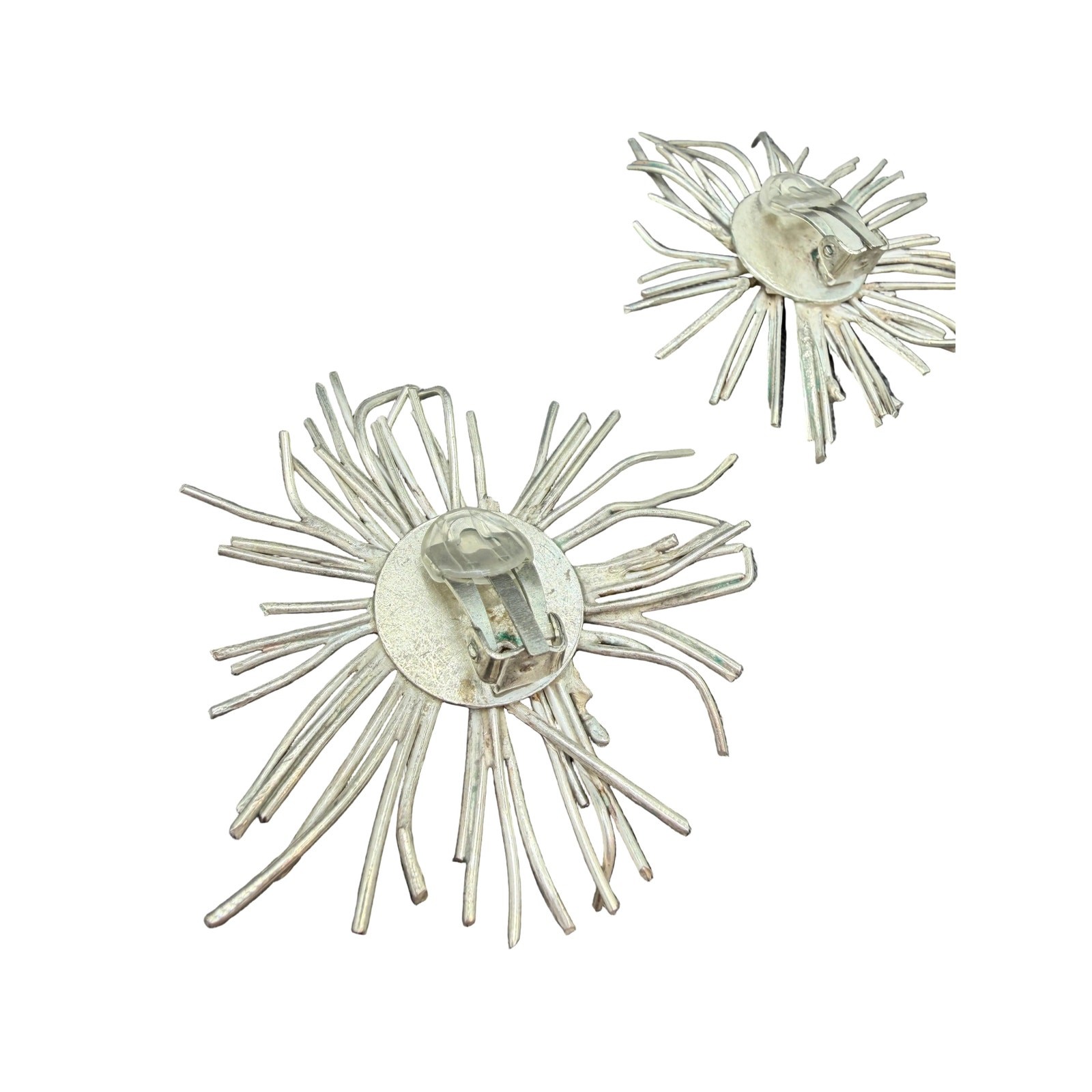 1970s Brutalist Sterling Silver Wire Starburst Statement Clip Earrings