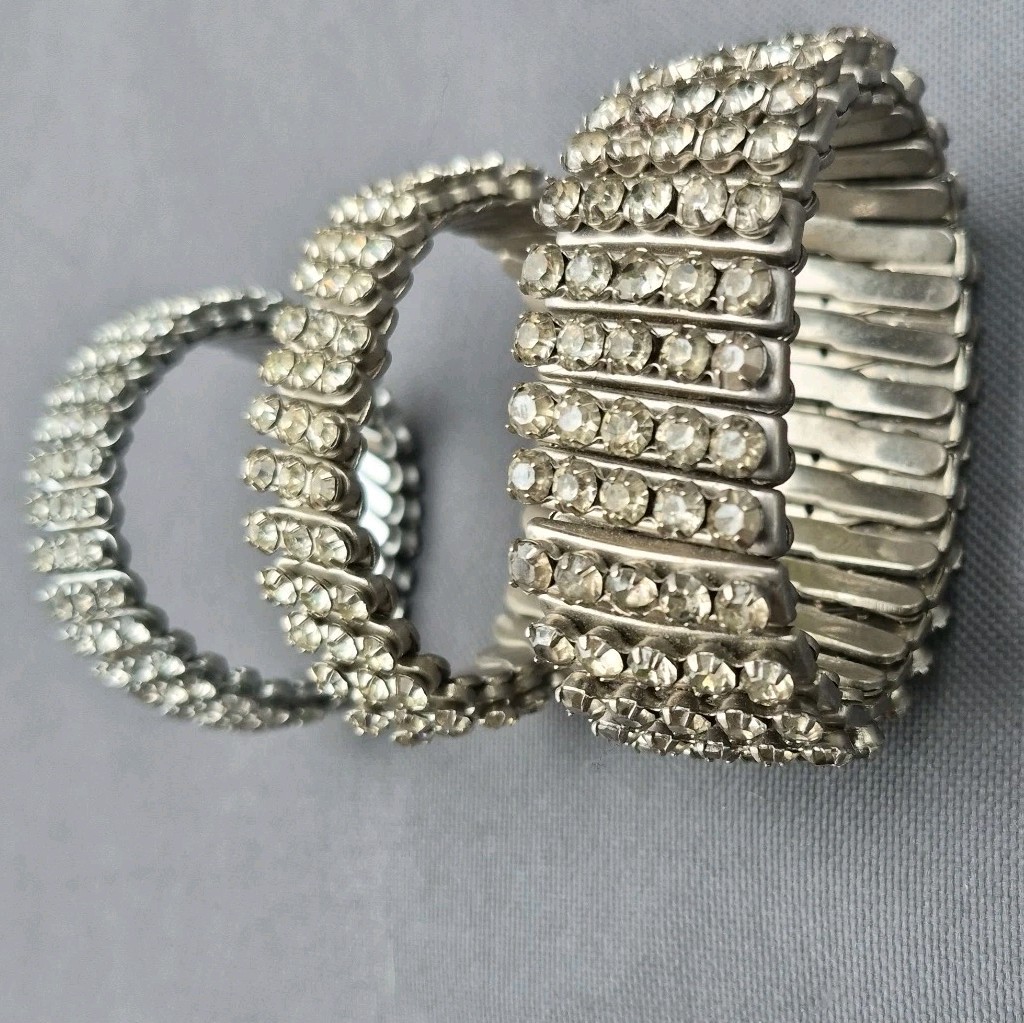 3 Vintage Rhinestone Expansion Bracelets Mid Century Stackable Japan Hong Kong