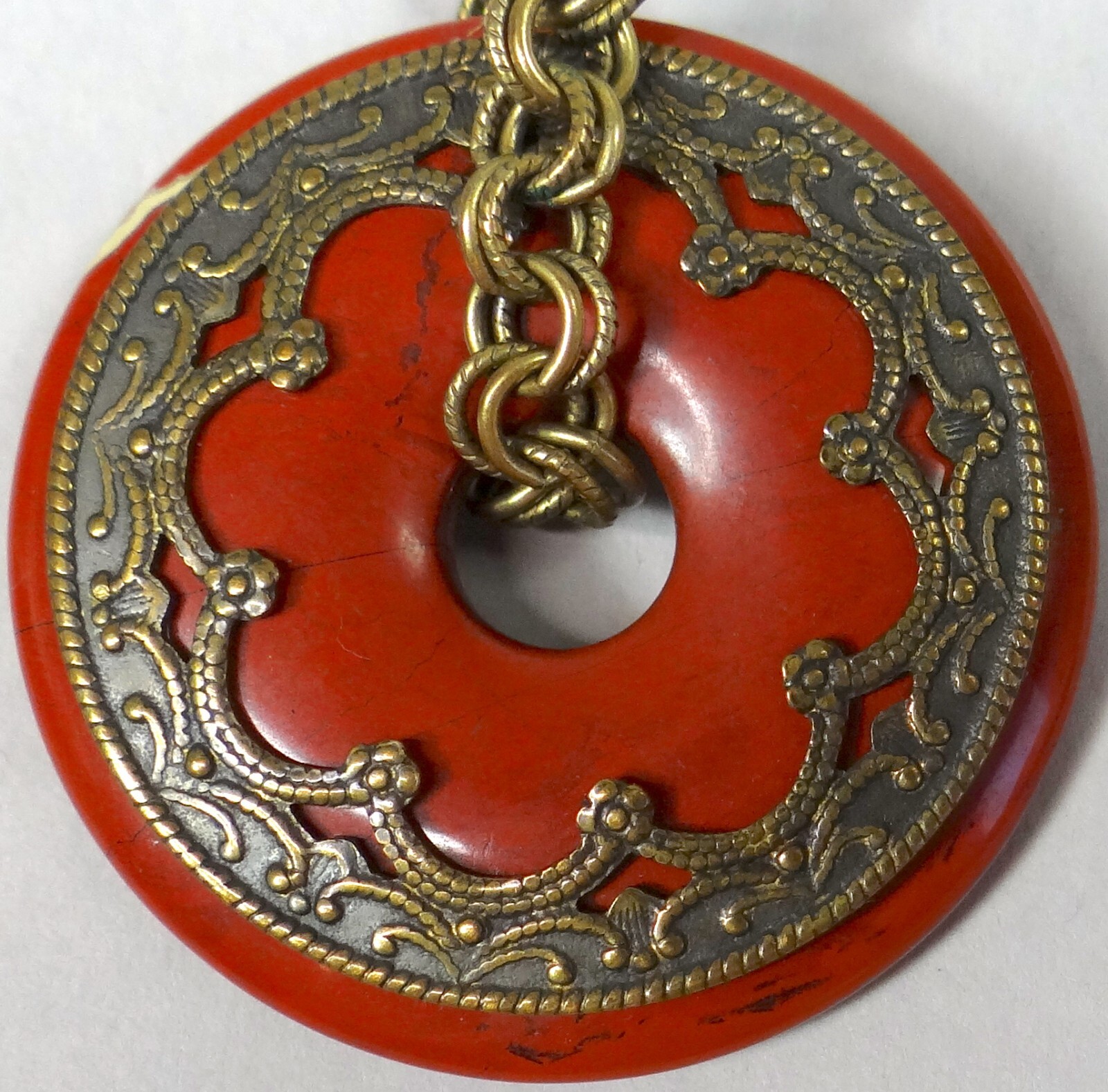 Vtg Jan Michaels San Francisco Pendant Necklace Red Jasper Stone Chinese Donut