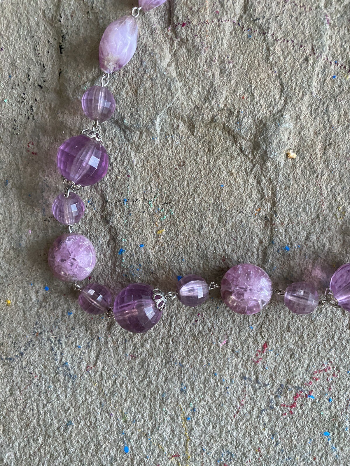 Vintage Necklace Beaded Lavender Lilac Pearl Faceted Silver Tone