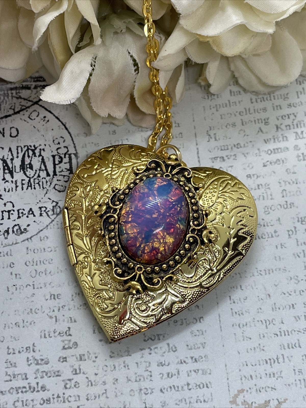 Gold Heart Locket Photo Harlequin Opal New Birthday Anniversary Wedding Necklace