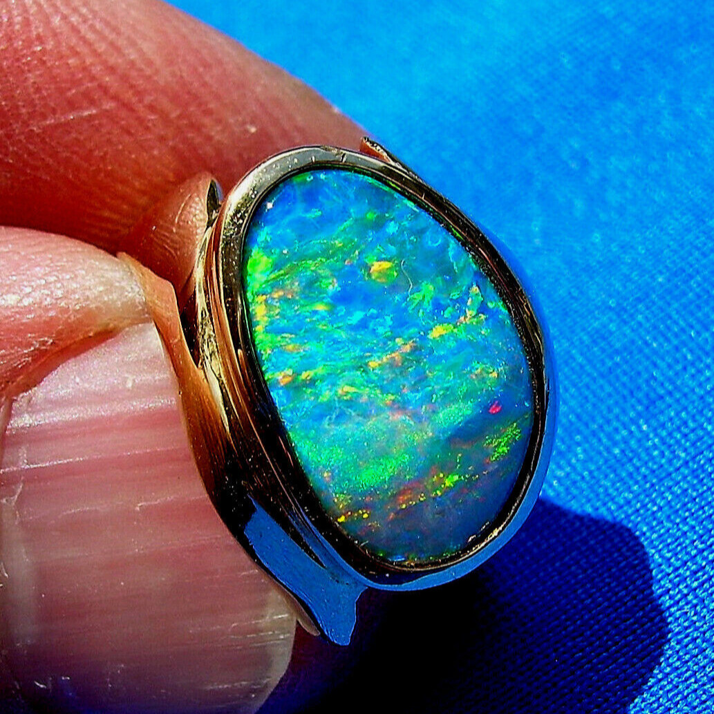 Original EARTH MINED Black OPAL Deco Ring Designer Hand made SOLID 14K GOLD 6.25
