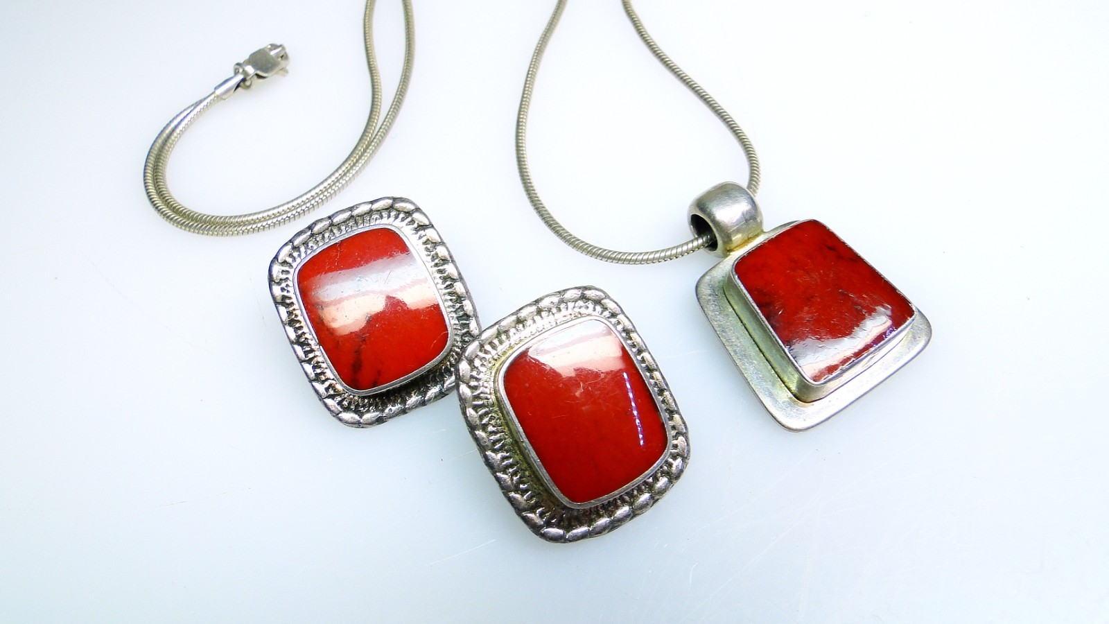 Mexican Sterling Red Stone Silver Necklace & Pierced Earrings 925 Lot