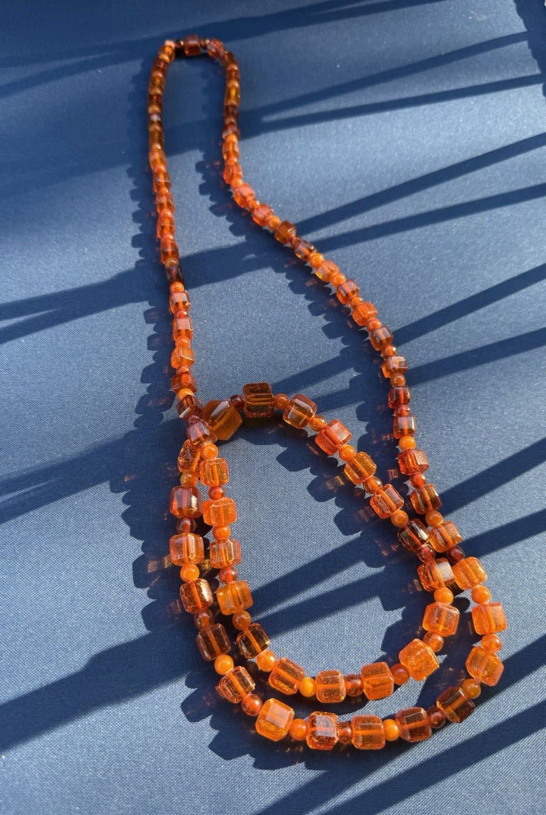 39” 47g Honey Amber Catalin Bakelite Graduated Cube Bead Necklace