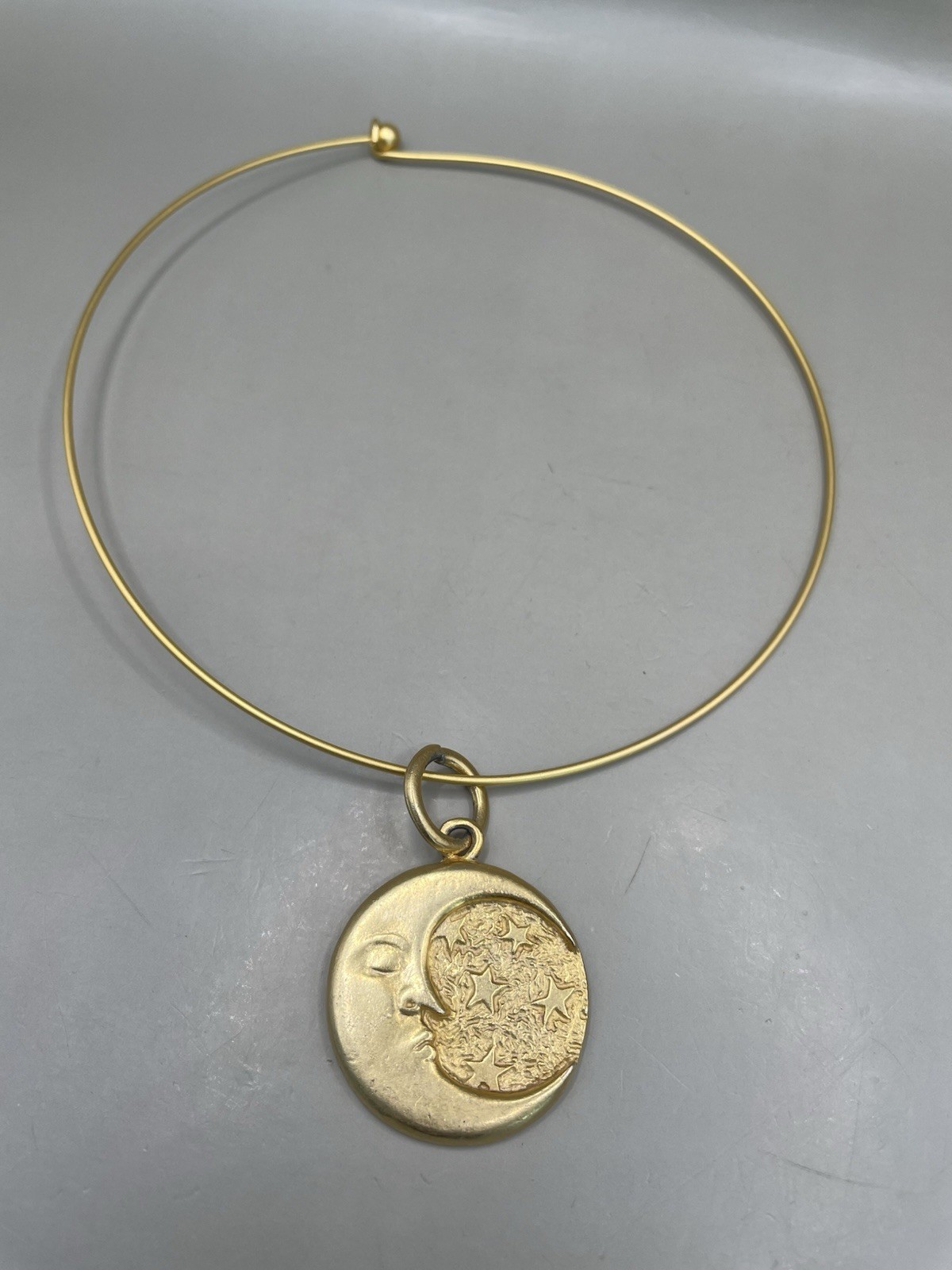Vintage Brushed GoldTone Wire Choker Celestial Moon Stars Pendant 17” Necklace