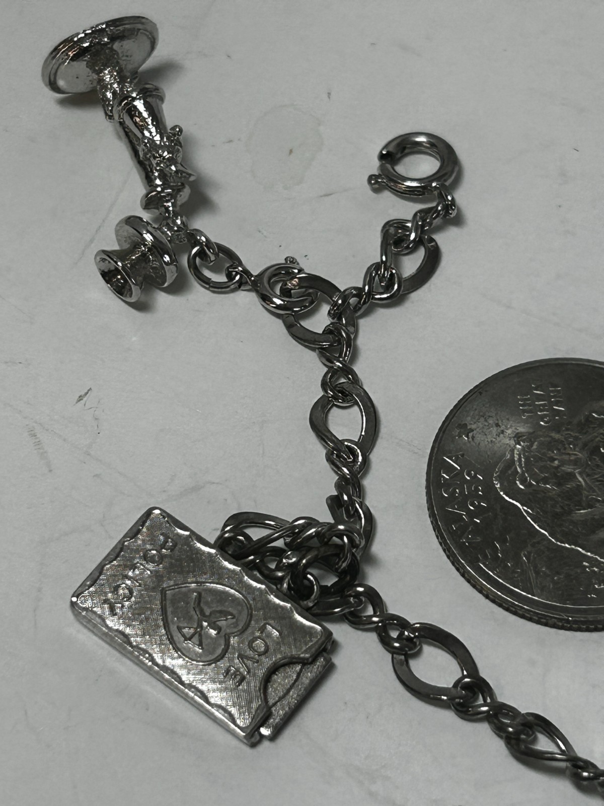 Vtg Silver Tone Charm Bracelet 1 Charm Sterling 7″ Lucky Clover Phone Love B731