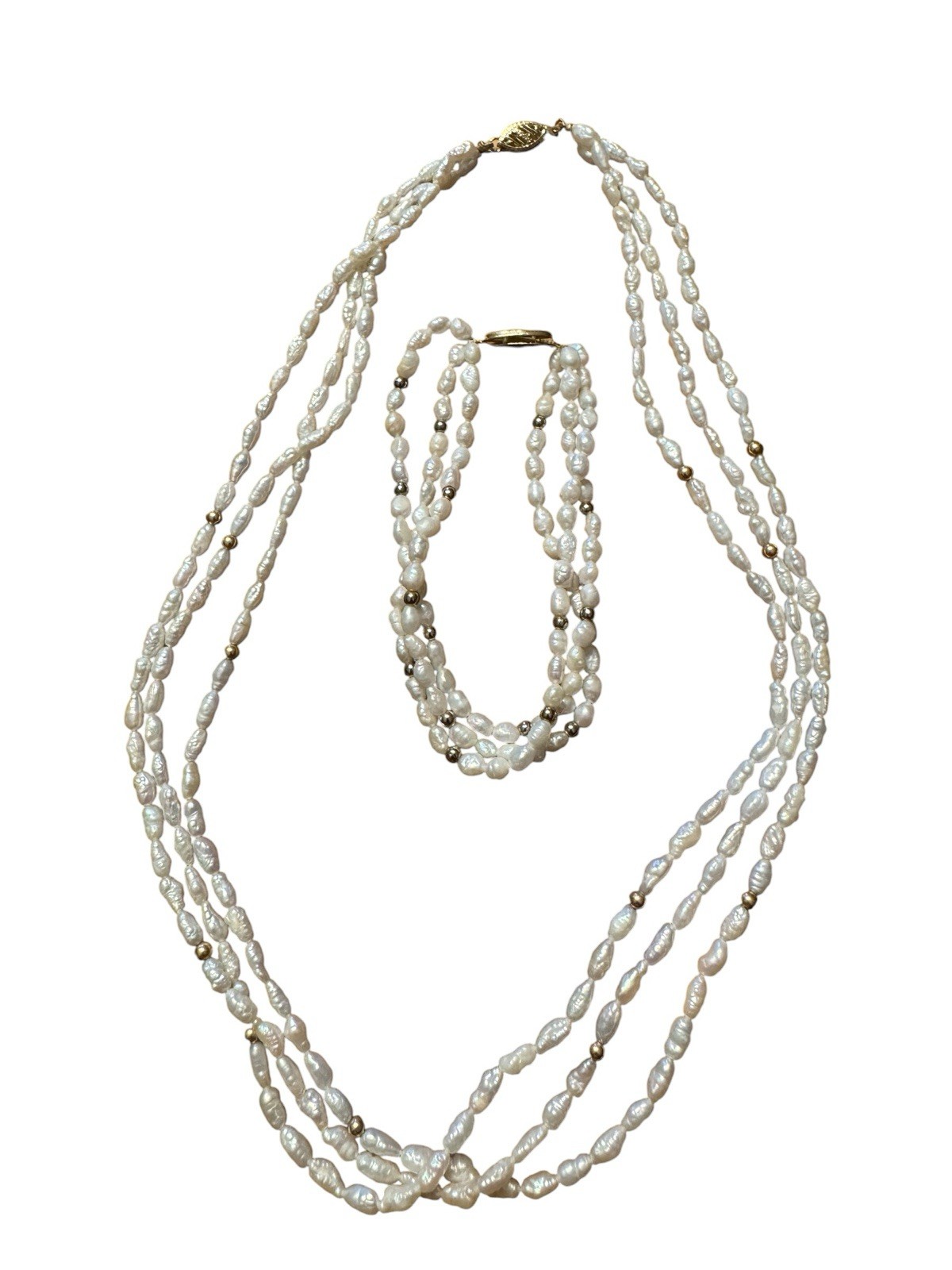 Vintage 3 Strand 14k Gold Freshwater Seed Pearl Gold Bead Necklace Bracelet Set