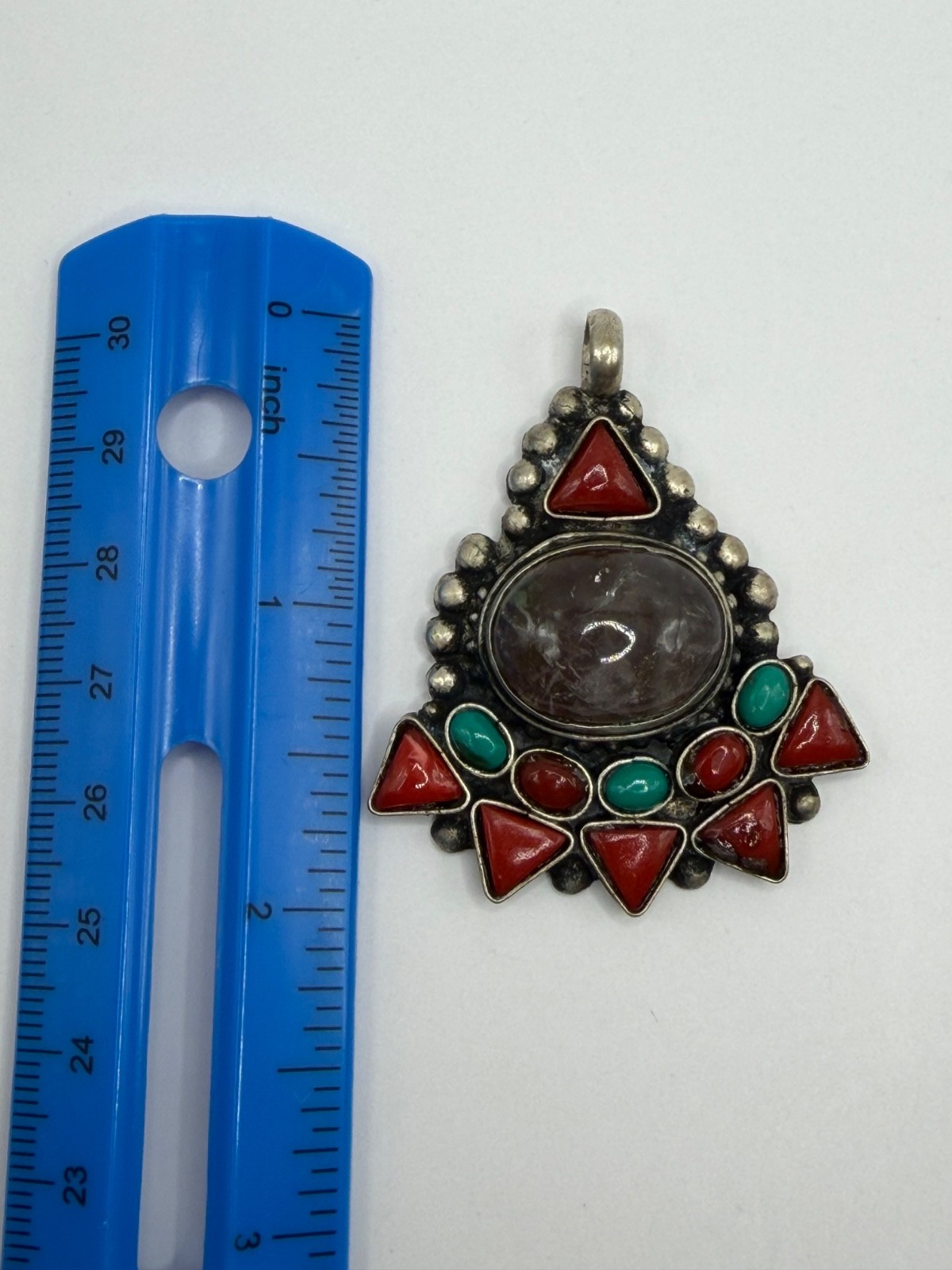 VINTAGE TIBETAN SILVER TONE PENDANT WITH TURQUOISE AND CORAL STONE PURPLE BROWN