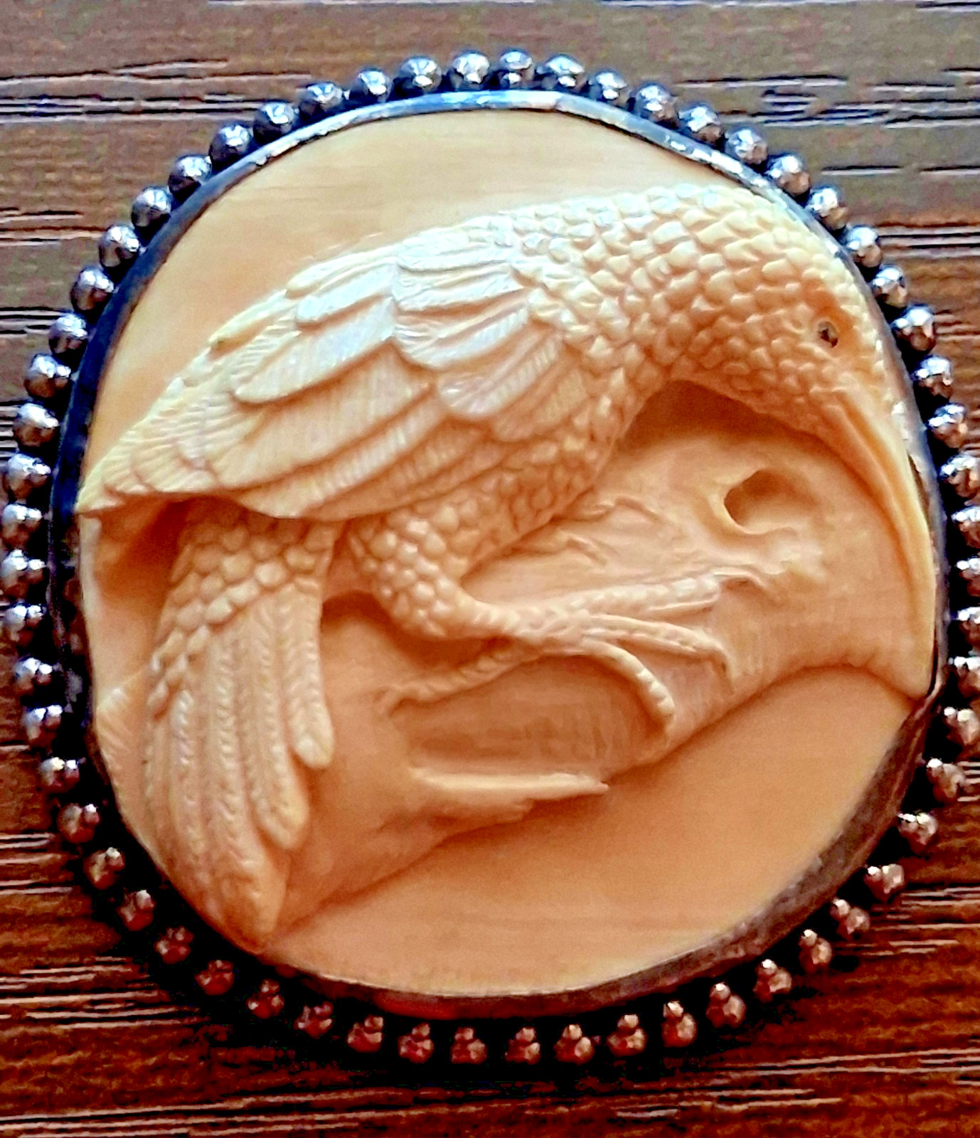 Vintage 925 Sterling Silver Hand Carved Bone Cameo Brooch Pendant Set Fox Bird