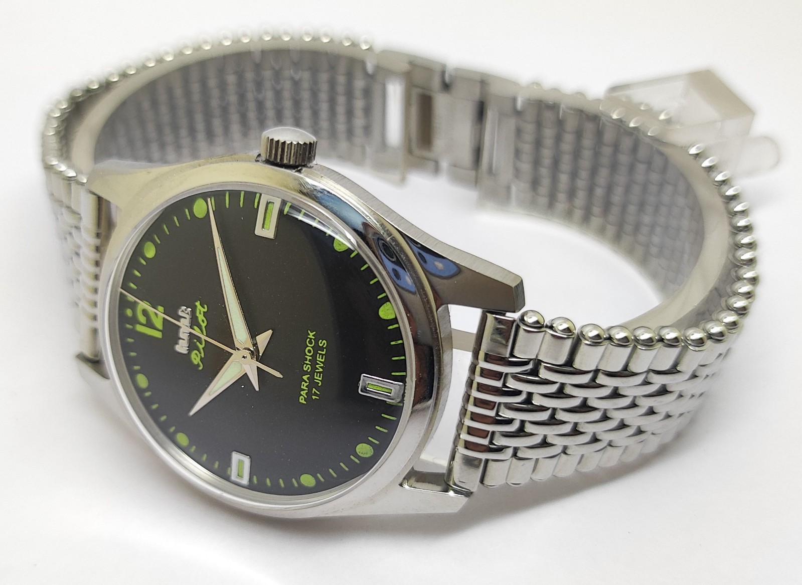 HMT Pilot Mechanical Hand Wound Green Lume Dial 17 Jewels Para Shock Vintage