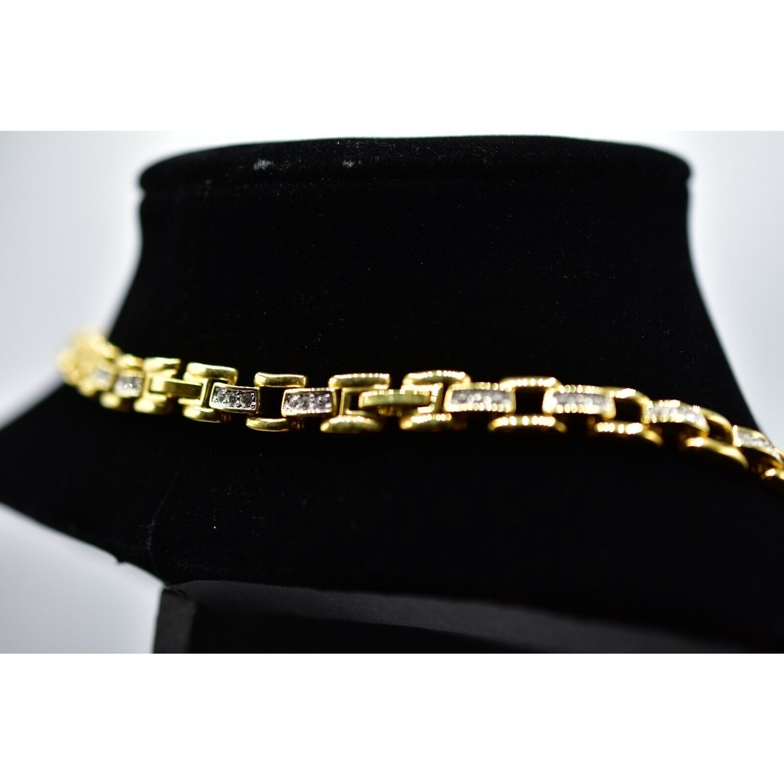 Vintage Crystal Linked Chain Collar Necklace Square Rhinestone 19.5″ 1980s Bin5