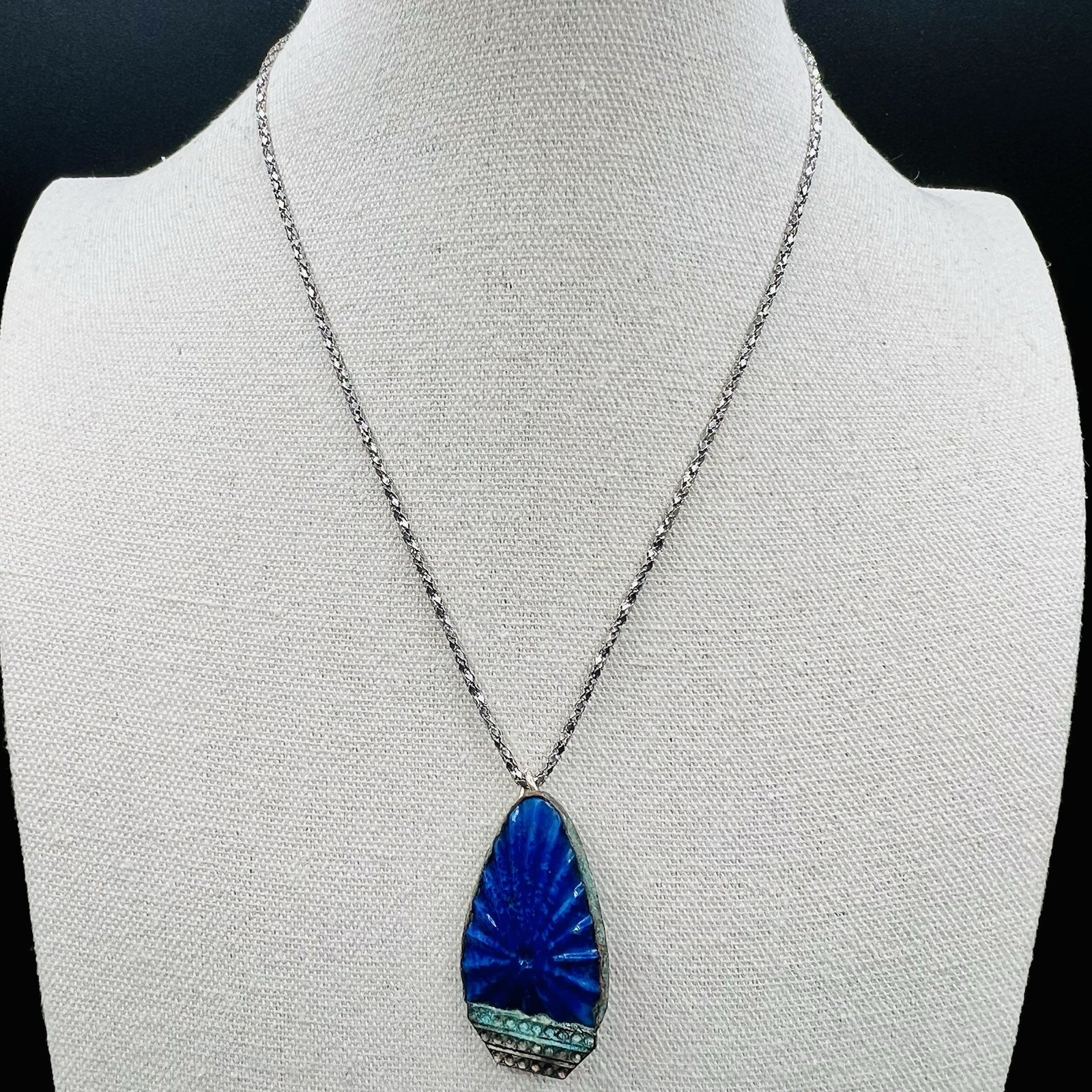 Cobalt Blue Statement Pendant Necklace Set Peacock Brooch Earrings Art Deco Look