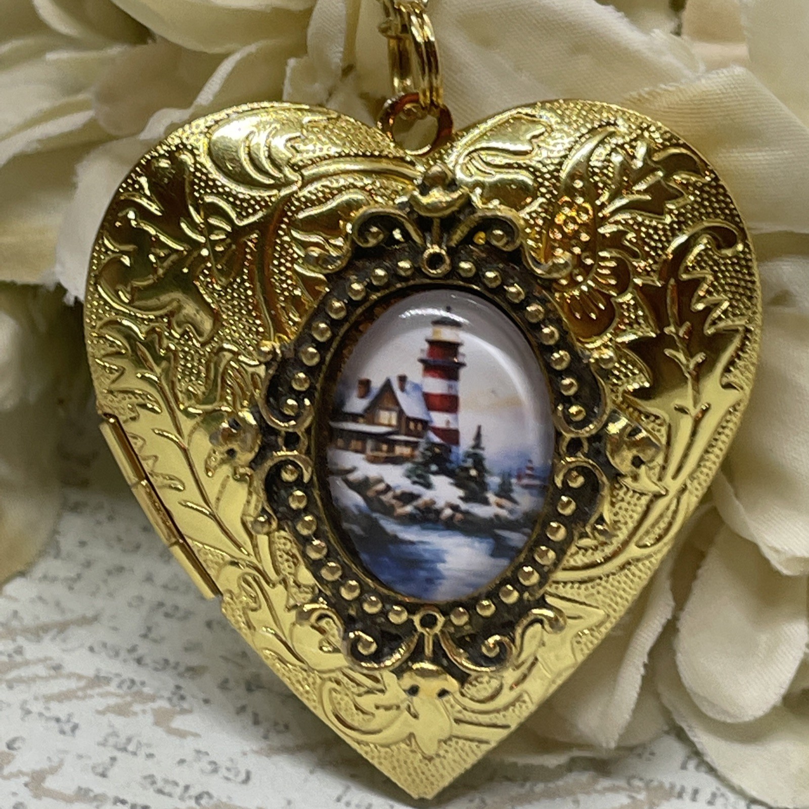 Gold Heart Locket Photo Lighthouse Cottage Sailor Birthday Anniversary Necklace