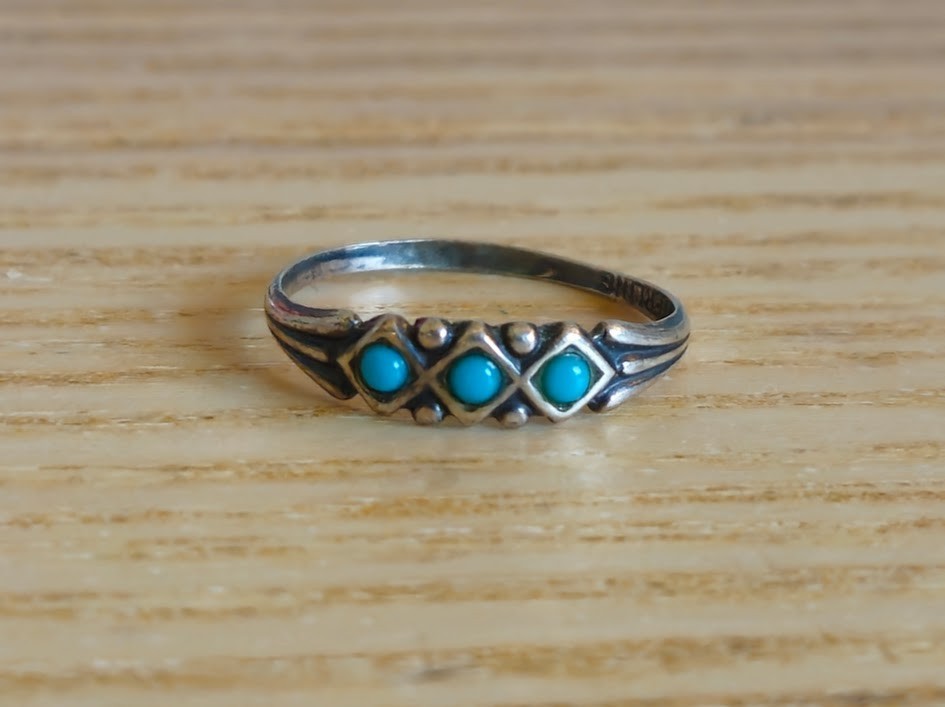 Vintage Small Uncas Signed 925 Sterling Silver Blue Art Deco Lattice Ring Size 4
