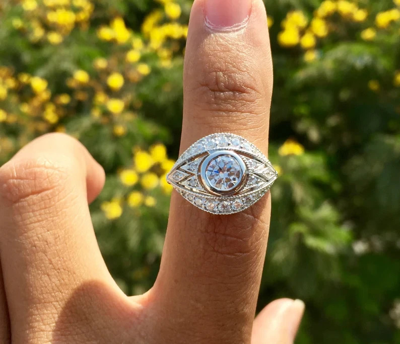Art Deco Vintage Style Round Cut Lab Created Diamond Engagement 925 Silver Ring