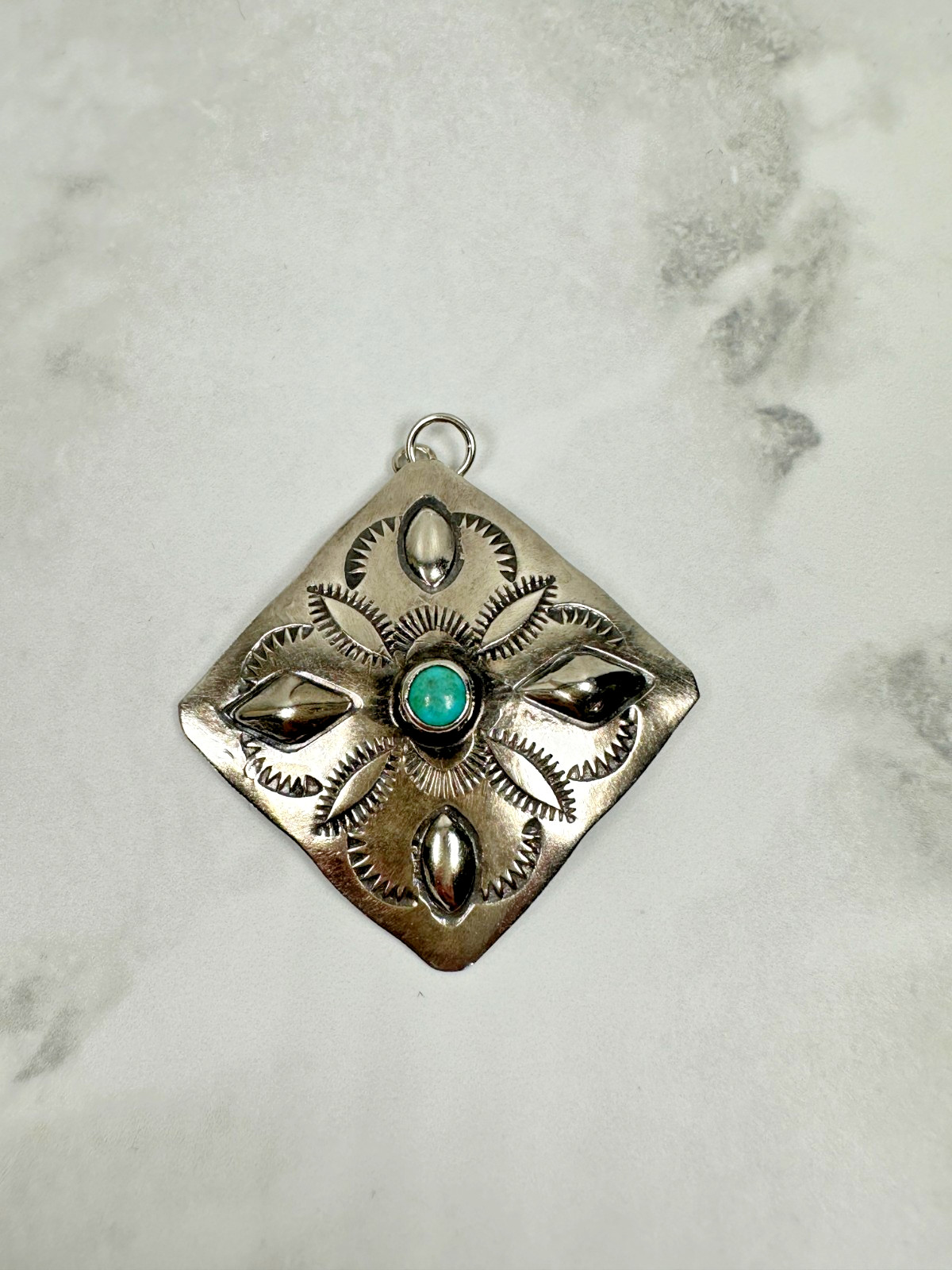 Sterling Stamped Southwest Style Pendant – Small Round Turquoise – 1 3/8″ Square
