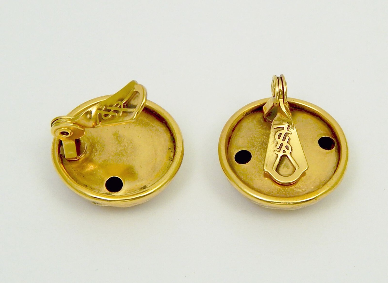 YSL Gold Tone Button Clip On Earrings Yves Saint Laurent Free Ship