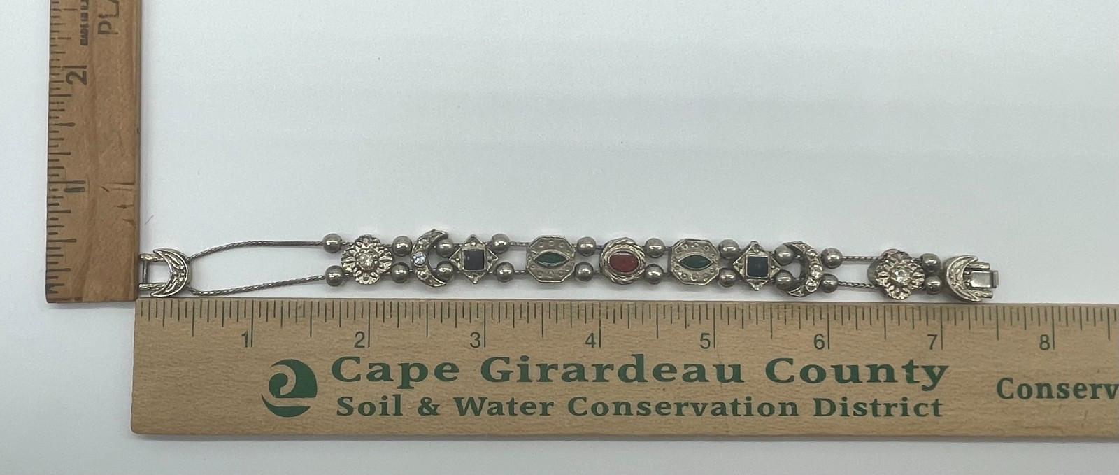VTG Victorian Revival sliding charm ball bracelet silver tone Rhinestone 7.5″
