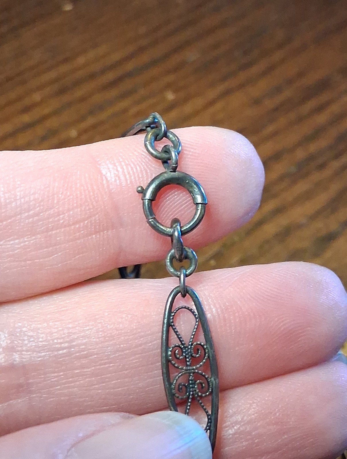 Antique Victorian 800 Silver Filigree Chain 31-32″ Missing Bead See Pics/Descrip