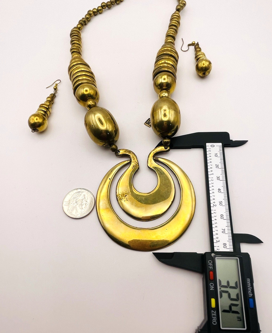 Vintage Artisan Statement Brass Made in India Necklace and Earrings