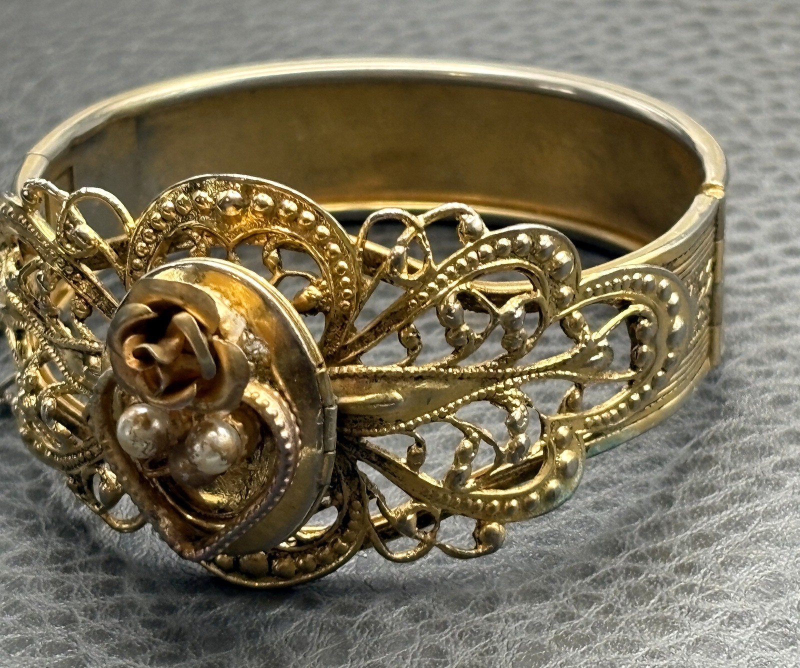 Vintage Gold Tone Filigree Bangle Bracelet Pearl Accents Rose Motif Hinged