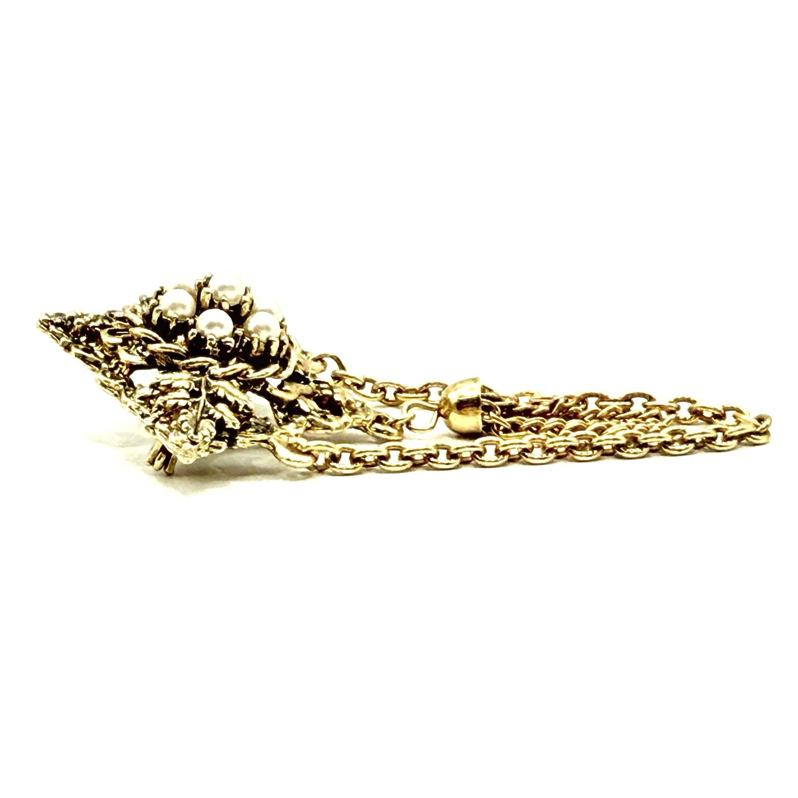 Vtg Goldtone Brooch Pin Victorian Style Faux Pearl Dangling Charm Chain Q