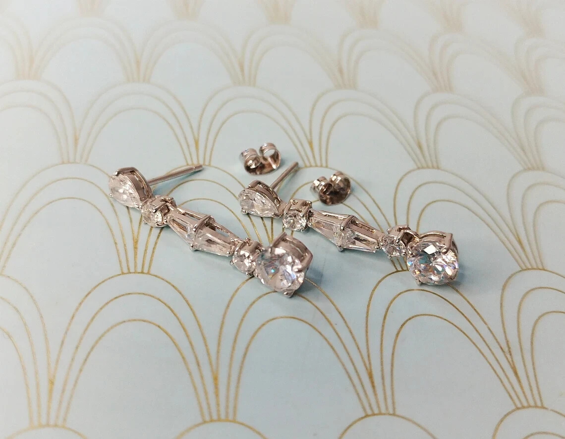 Vintage Art Deco Style Lab-Created Diamond Dangle/Drop Earrings Solid 925 Silver