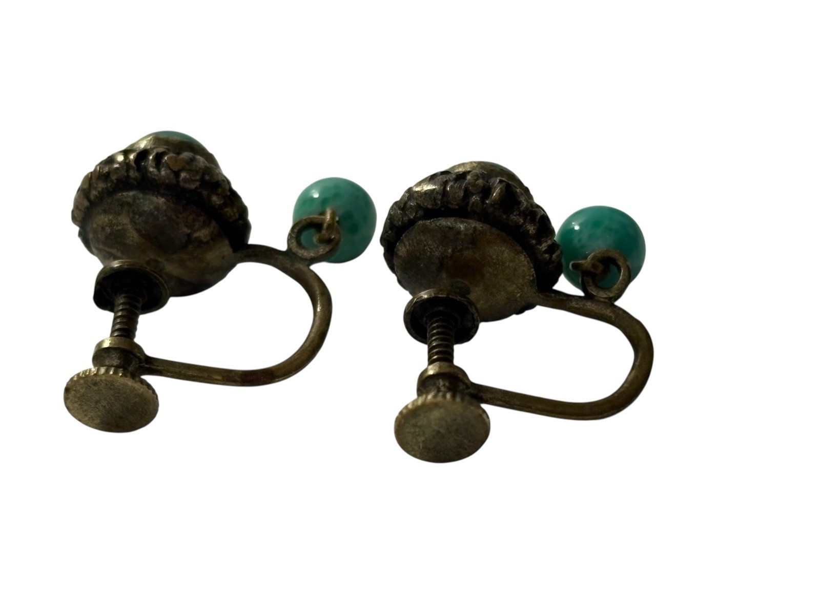 Vintage Marbled Teal Earrings Brass Tone Beaded Plastic Screw Back Dangle MCM