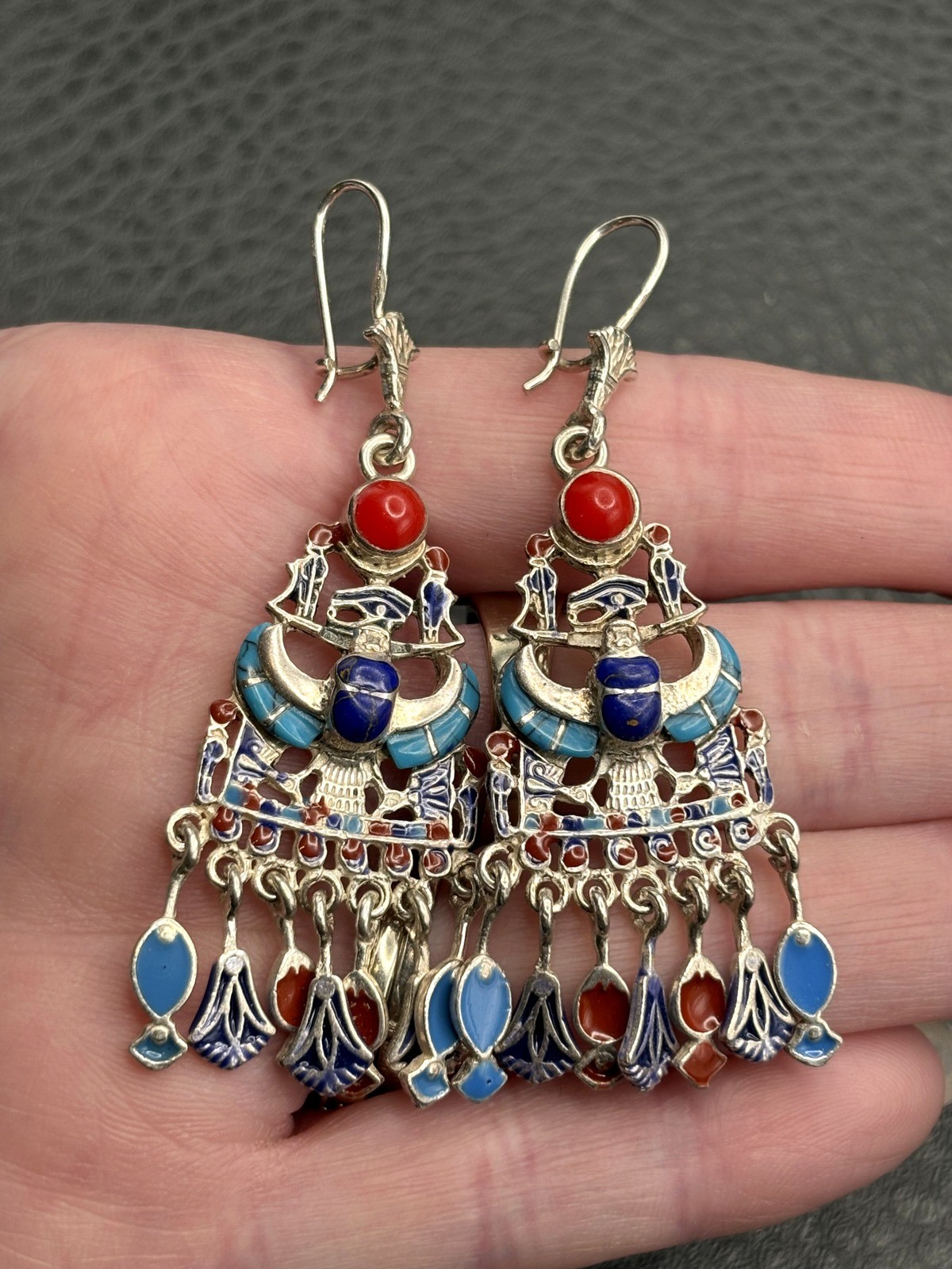 Sterling Silver Egyptian Revival Enamel Chandelier Earrings Scarab Hieroglyph