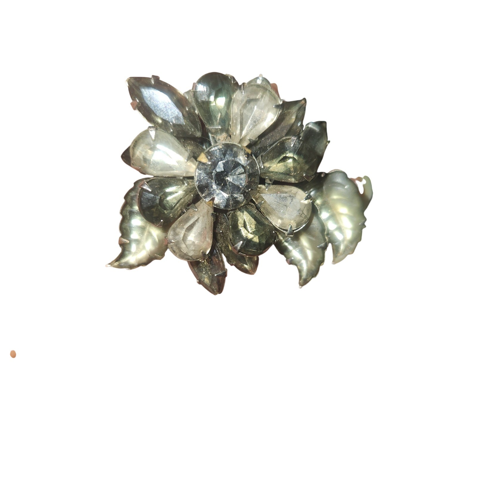 Vintage Rhinestone Flower Brooch Silver Tone Floral Pin smoky gray