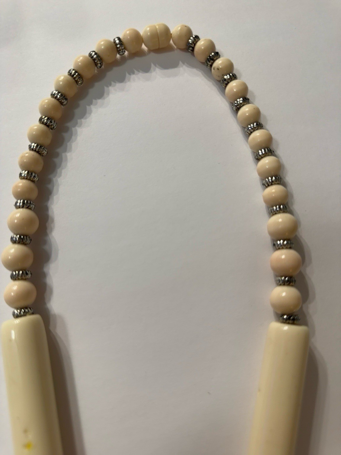 Vintage 1970s Faux Ivory Lucite 26” Statement Necklace Modernist Screw Clasp