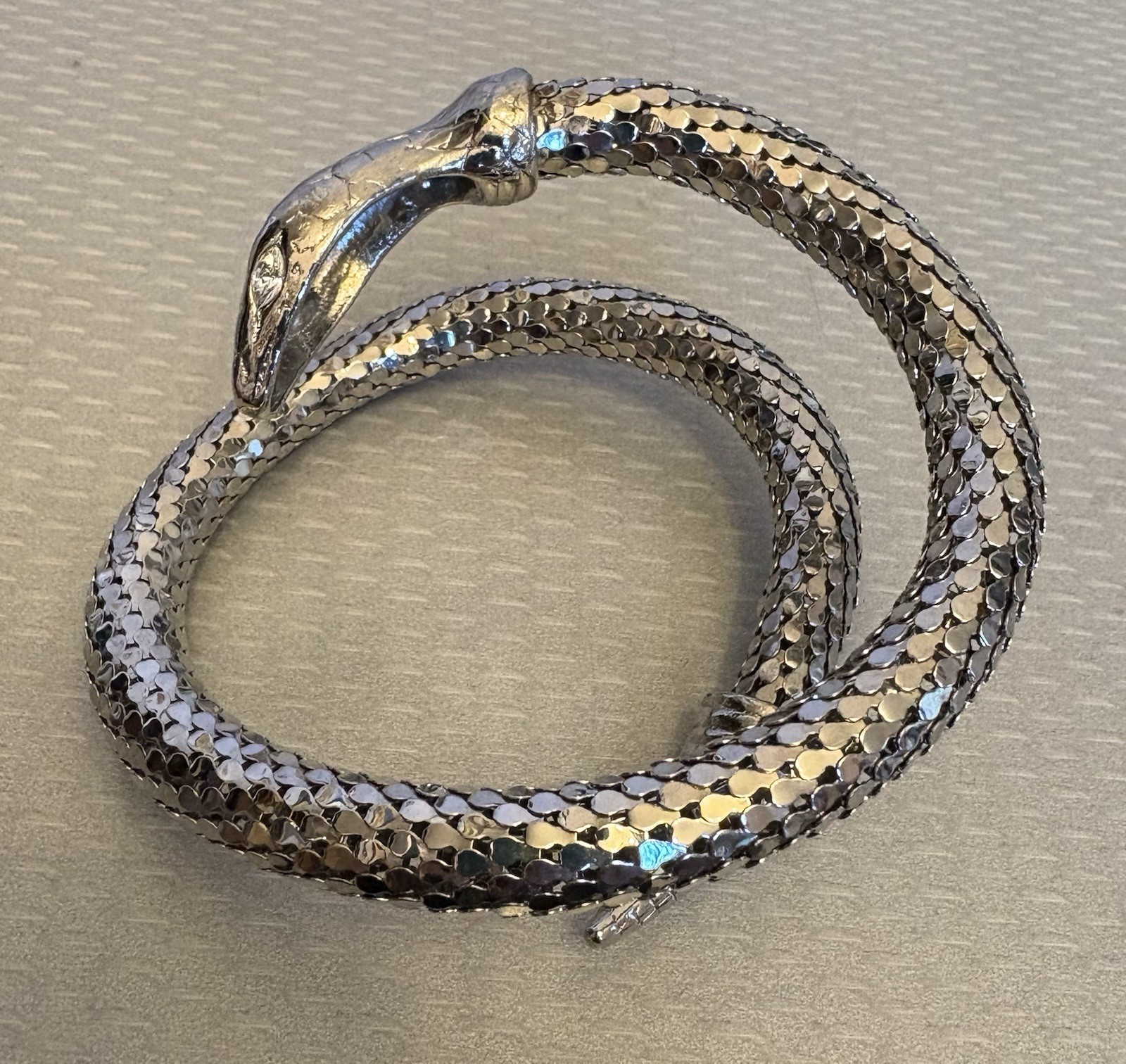Vintage Silvertone Mesh Snake Wrap Bracelet Crystal Marquise Eyes unsigned