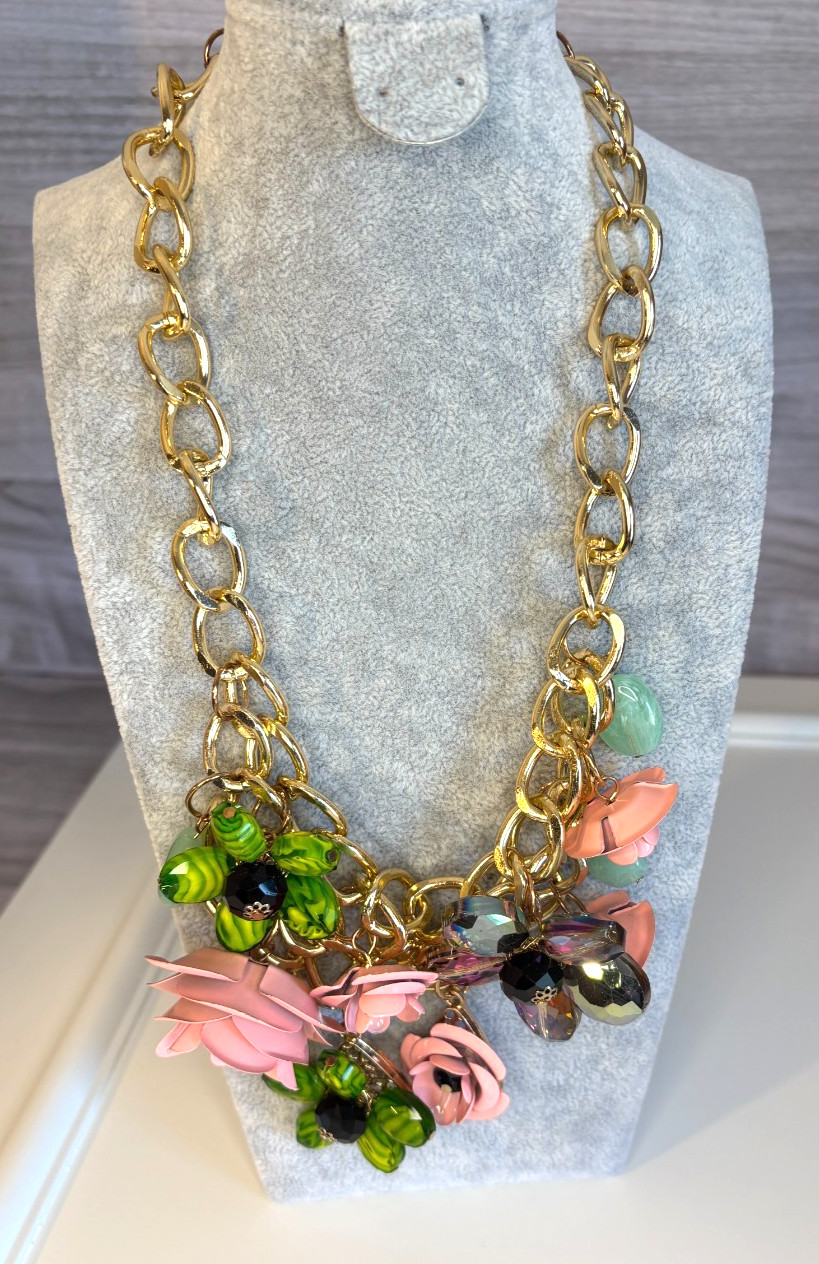 Unique Spring Statement Pink, Green, Purple Flowers Metal & Resin Necklace