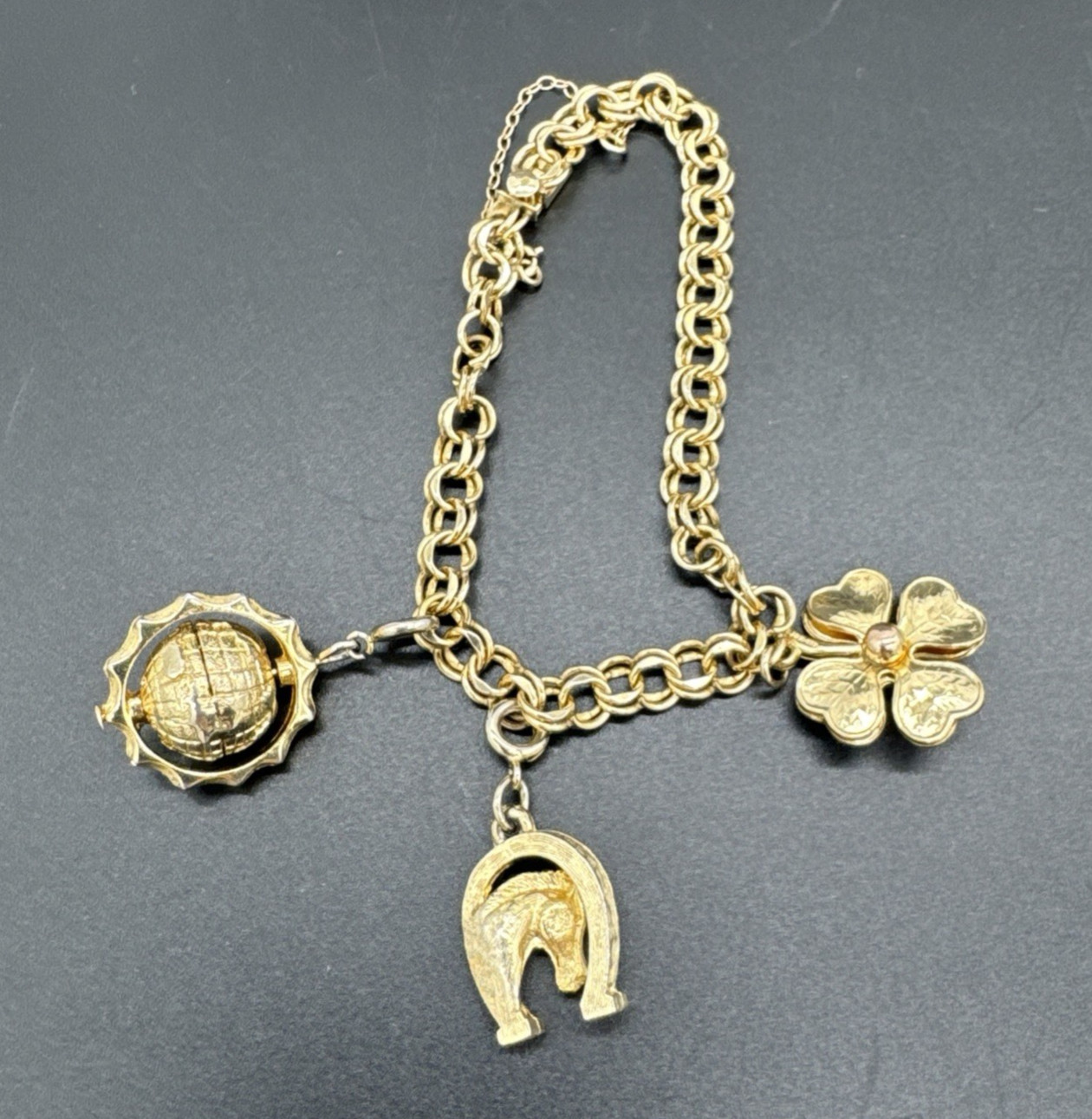 Vintage Elco 12K GF Lucky Charm Bracelet Clover Horseshoe Gold Filled 4″