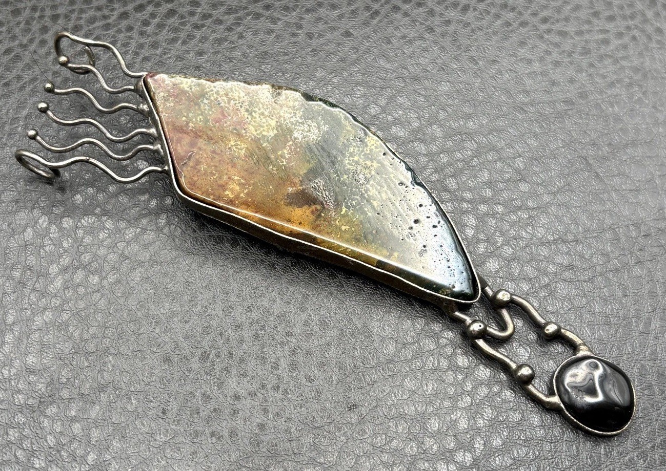 Artisan Brutalist Massive 5.5″ Silver Tone Modernist Stone Pendant Brooch