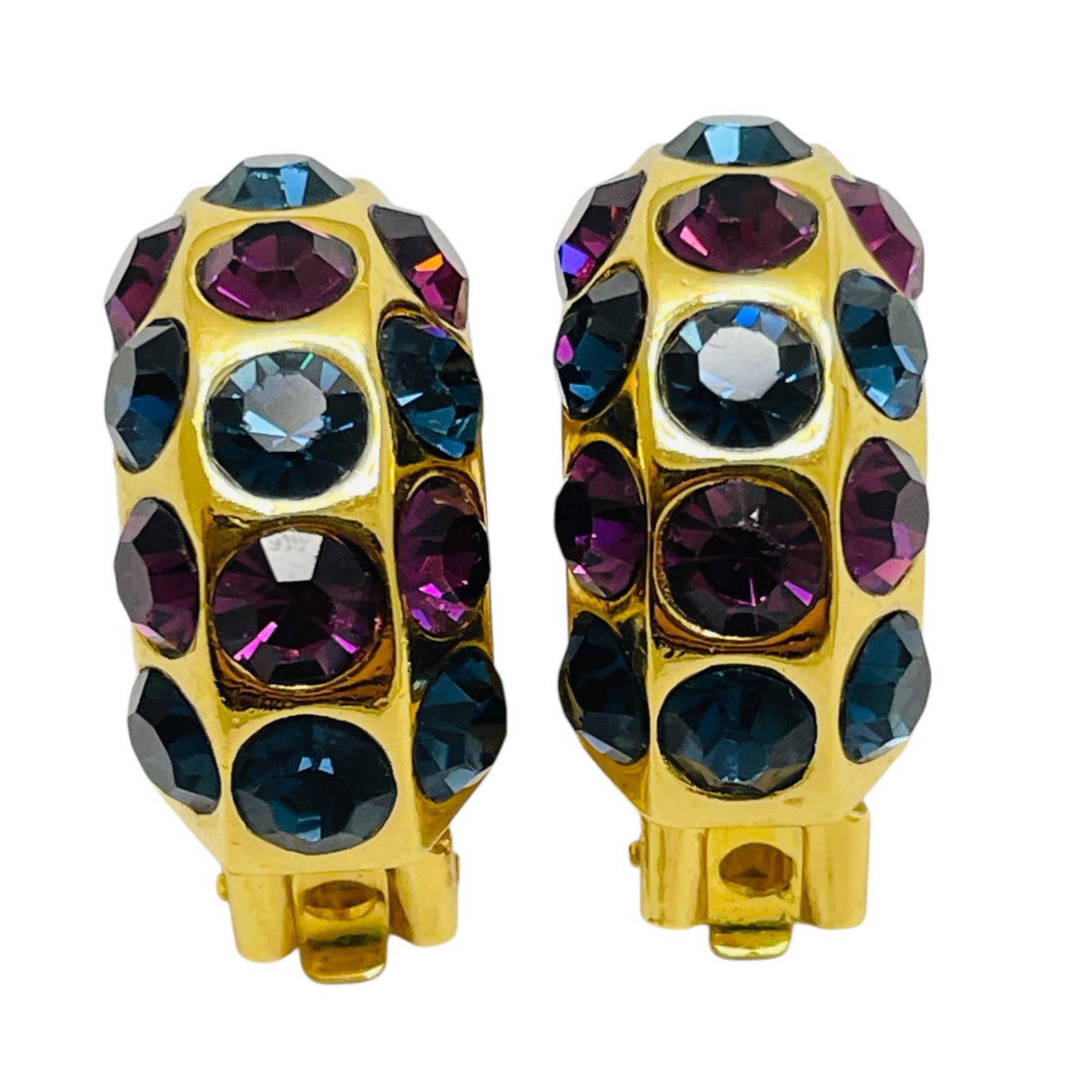 Vintage CHRISTIAN DIOR gold plated amethyst sapphire crystals clip on earrings