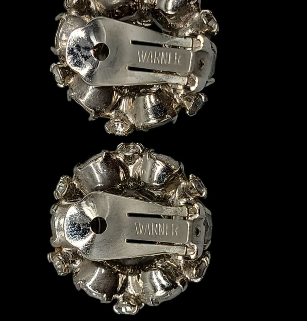 Signed Vintage Warner Clear Rhinestone Wreath Clip On Earrings 1950 Original Box