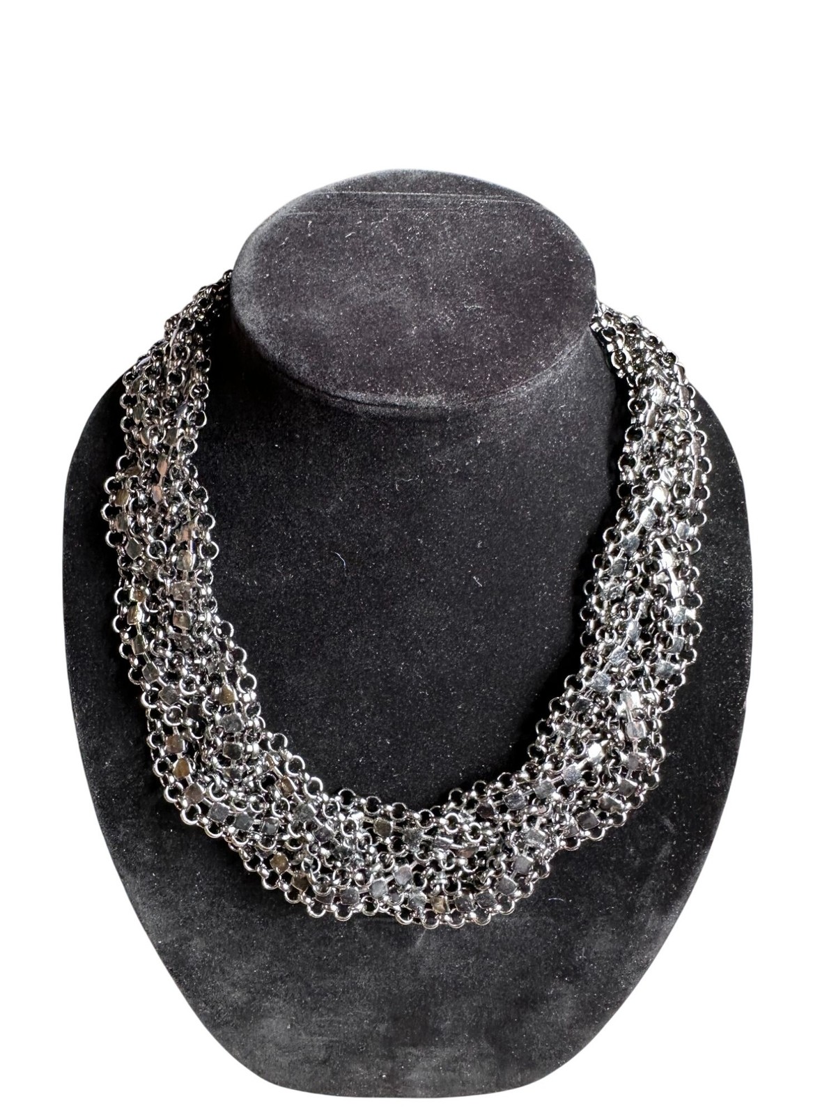 Vintage Black Metal Braid Chain Collar Necklace With Rhinestones 21″ Long