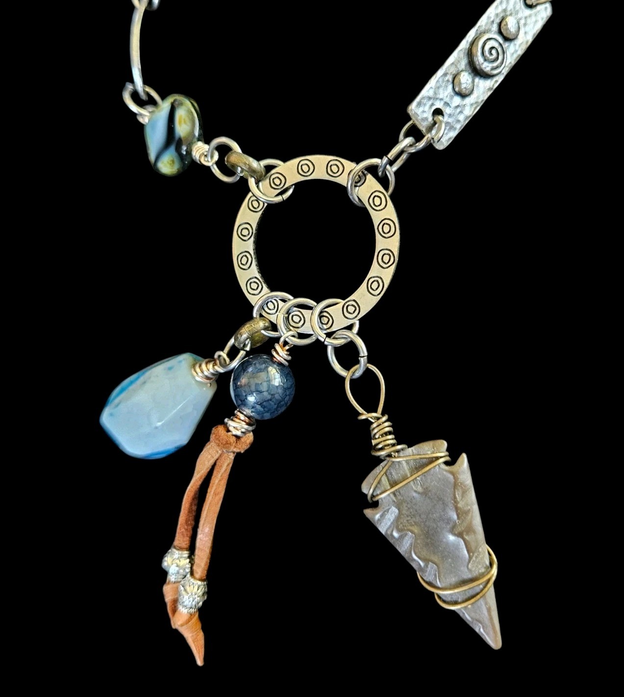 Silver Boho Pendant Necklace Cord Mixed Metals Beaded Arrow Head Stone Charms