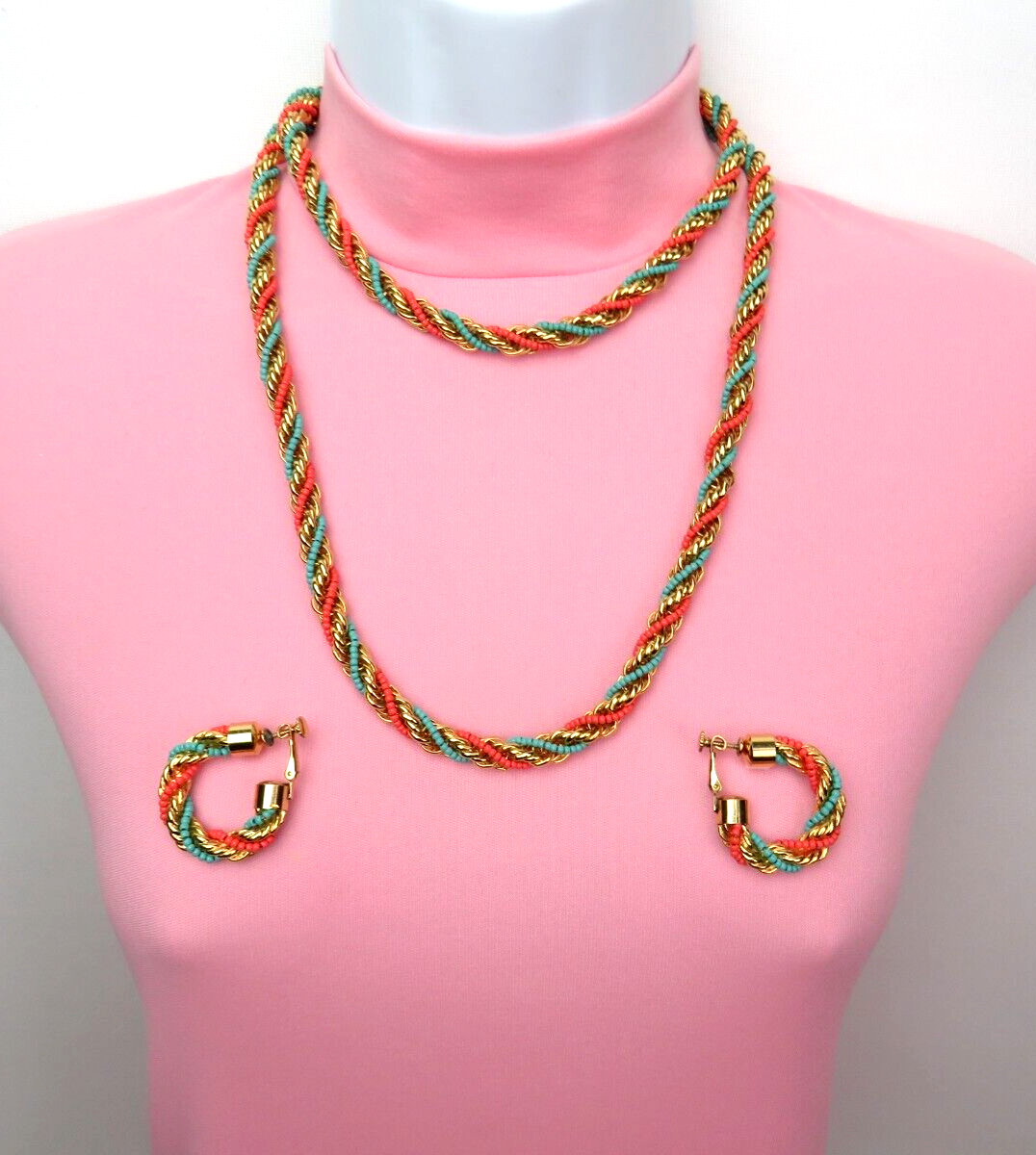 VTG 1950s 60s DOUBLE STRAND EGYPTIAN REVIVAL RUNWAY NECKLACE & EARRINGS GOLDEN