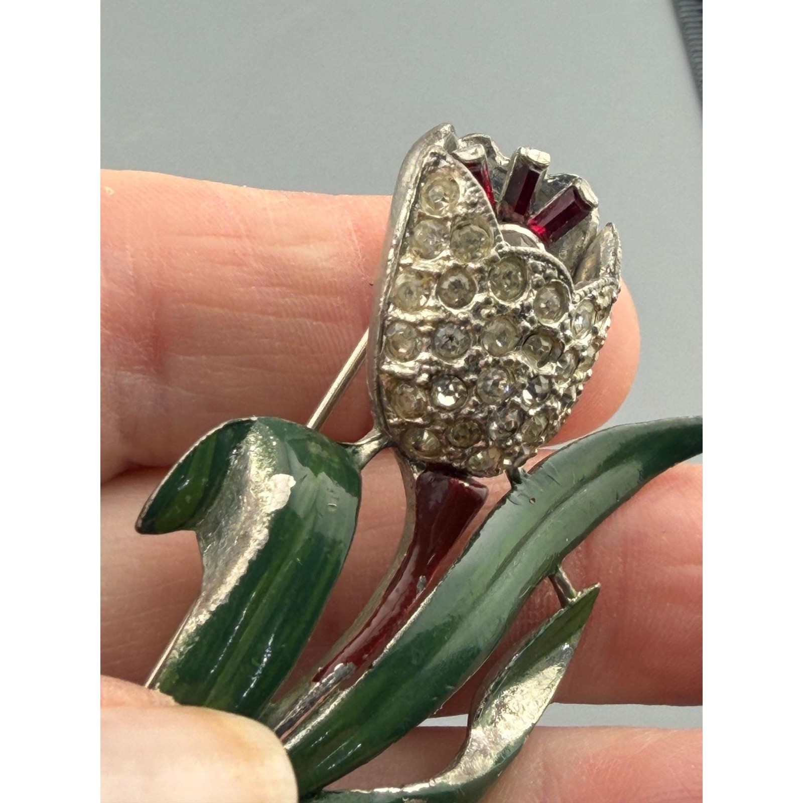 Vintage Coro Brooch Adolph Katz Trembler Tulip Flower Rhinestone Pot Metal