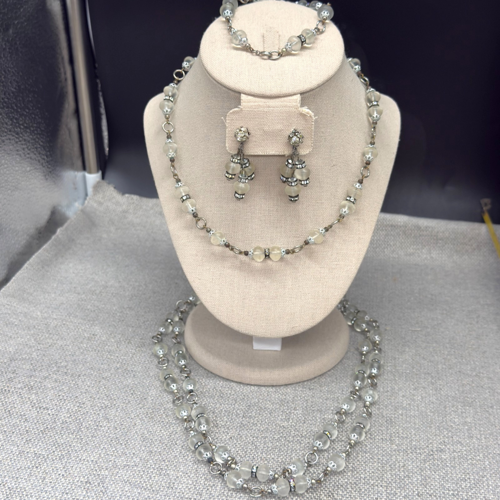 Vintage Earrings Bracelet 2 Necklaces Set Frosted Glass Beads Clear Rhinestones
