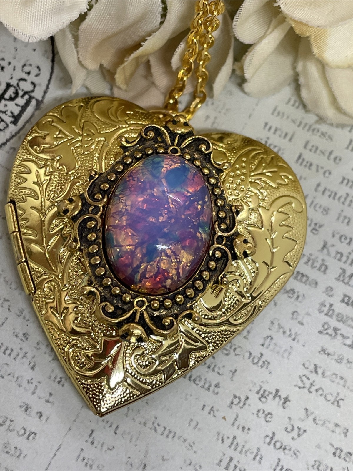 Gold Heart Locket Photo Harlequin Opal New Birthday Anniversary Wedding Necklace