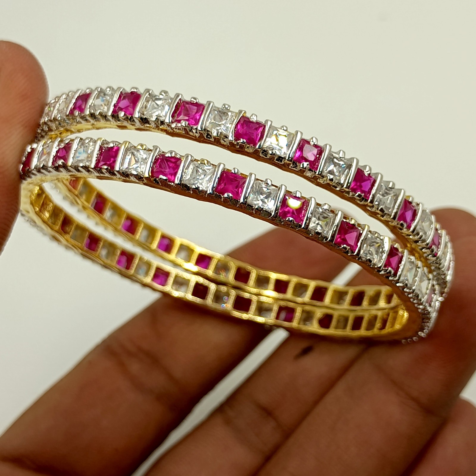 South Indian Style Ruby CZ Bangle Set 22K Gold Plated Traditional Bridal Jewelry