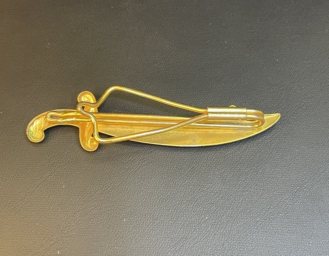 Vintage Gold Tone Scimitar Clip Brooch with Crescent Motif & Red Rhinestone