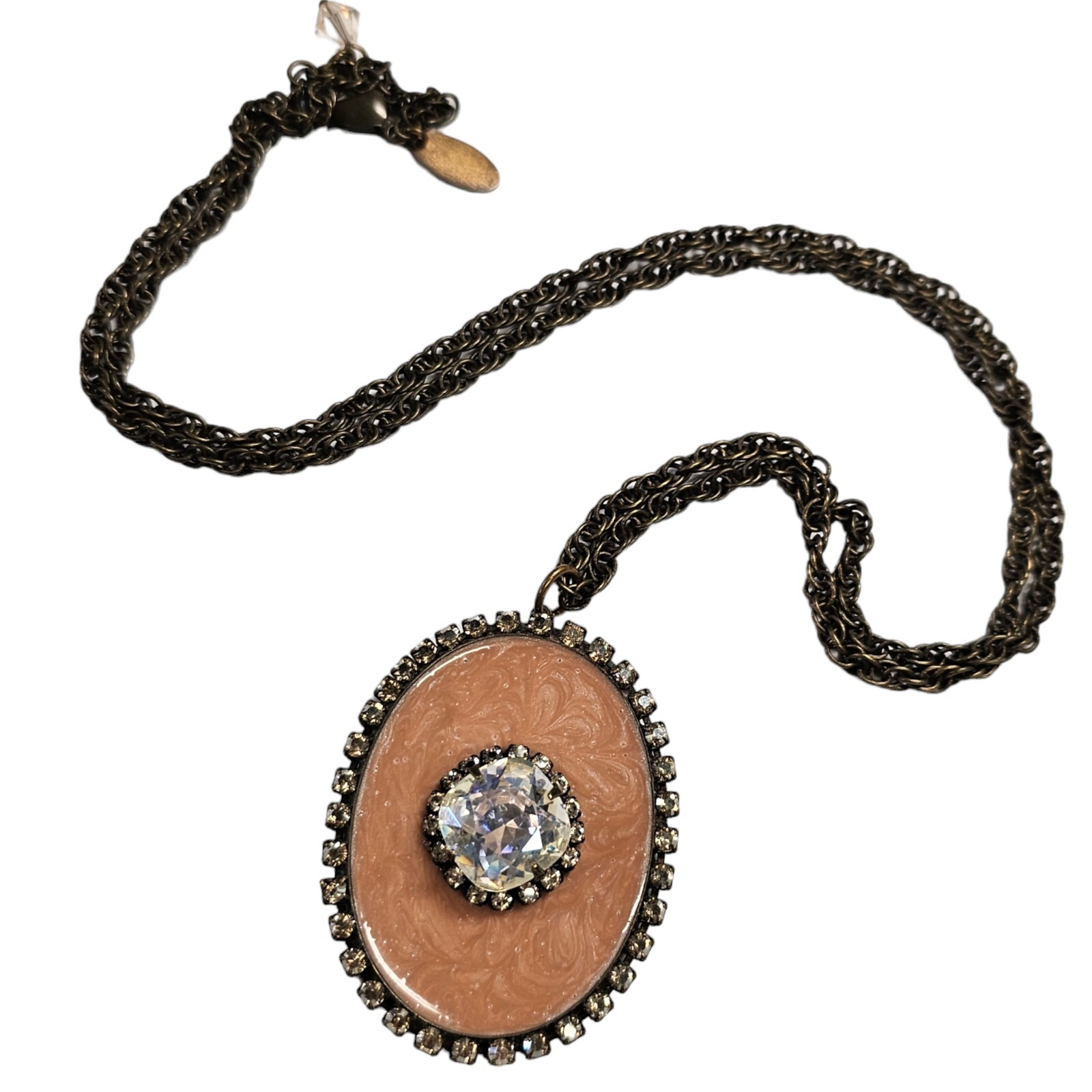 Liz Palacitos Enamel Stone Necklace Pendant Rhinestone Metal Bronze Pink 26″L