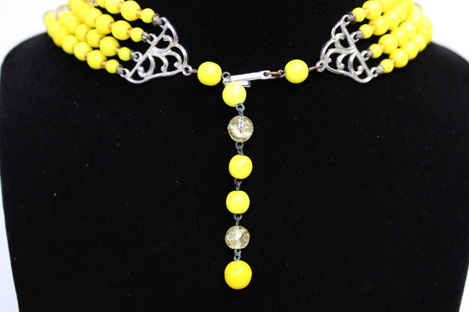 Vintage Yellow Multi Strand Beaded Necklace Earrings Set Art Deco Czech Style